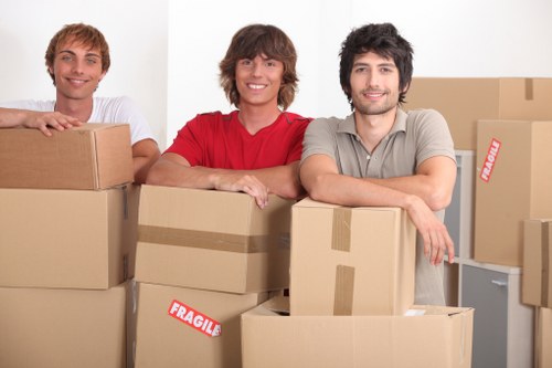 Commercial packing boxes and office supplies arranged for relocation